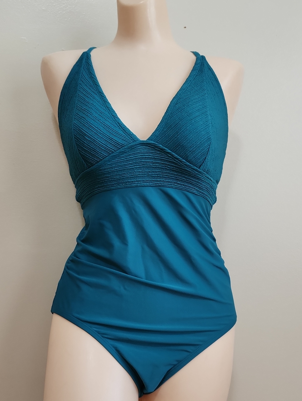 Kona Sol Teal Textured V-Neck One-Piece Swimsuit
